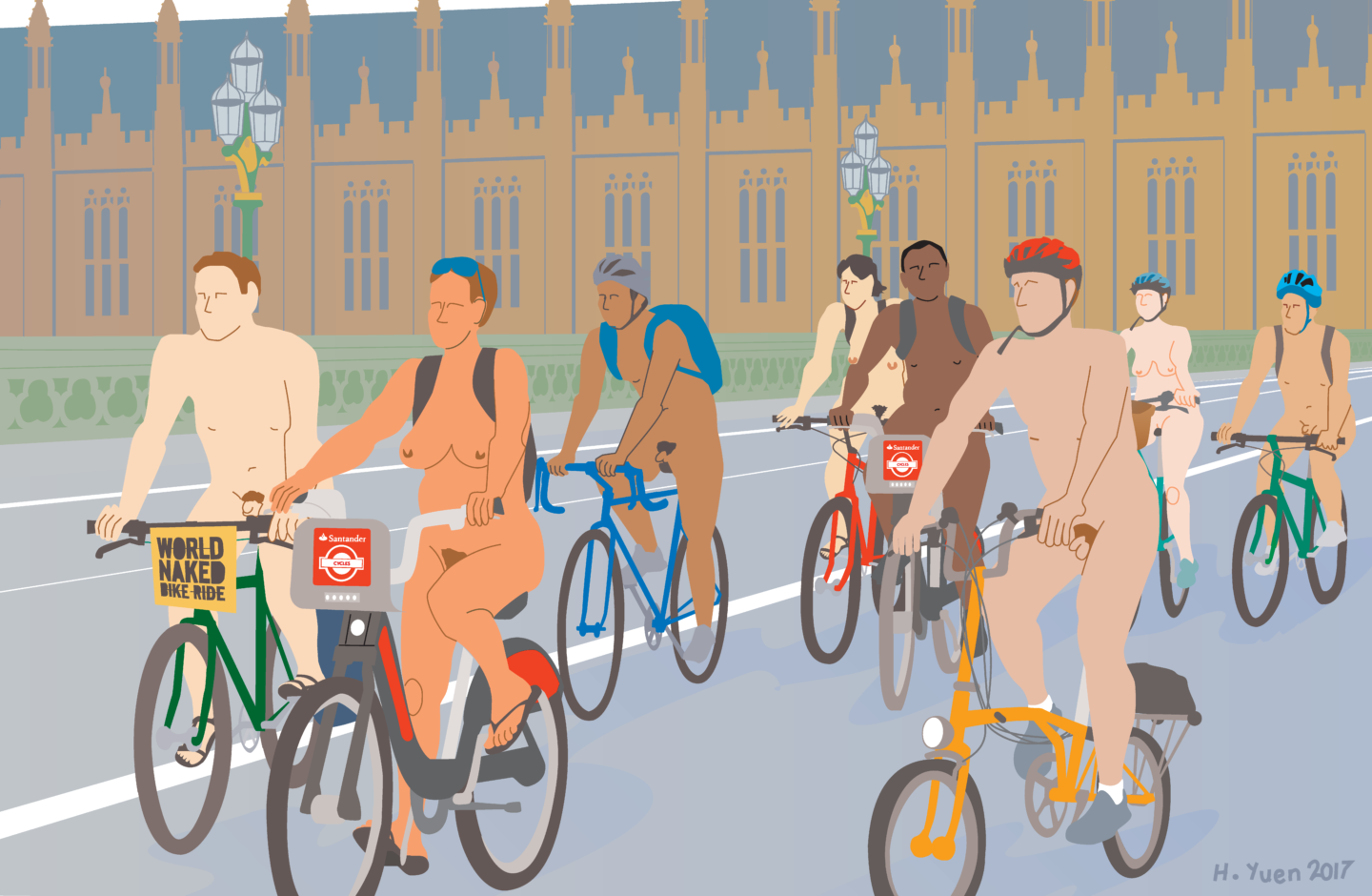 Henry Yuen cartoon of riders on Westminster Bridge with the Houses of Parliament